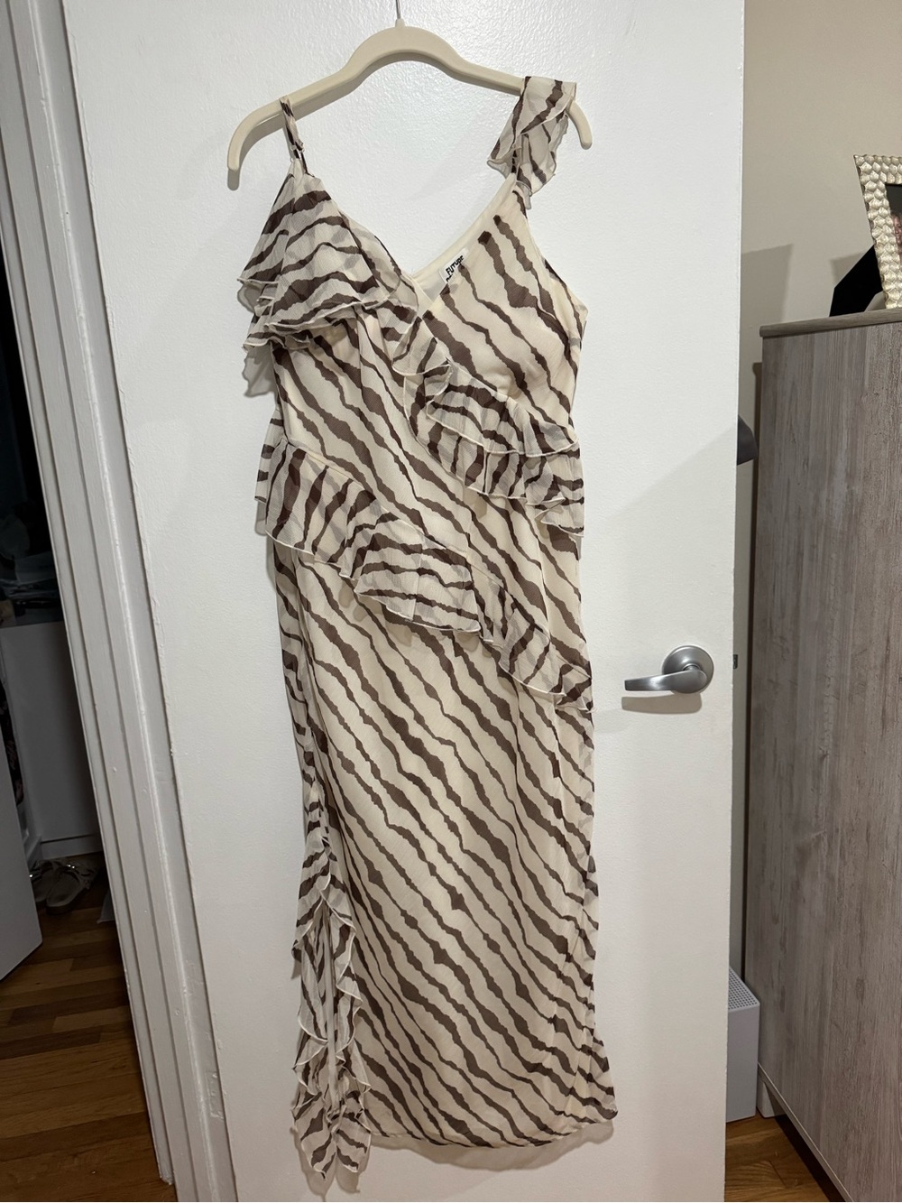 Beige and Brown Ruffle Slip Dress